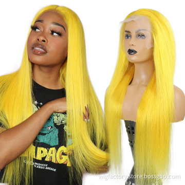 Wholesale Colored Human Hair yellow wig, pre plucked brazilian yellow lace frontal wigs, colorful straight yellow lace front wig